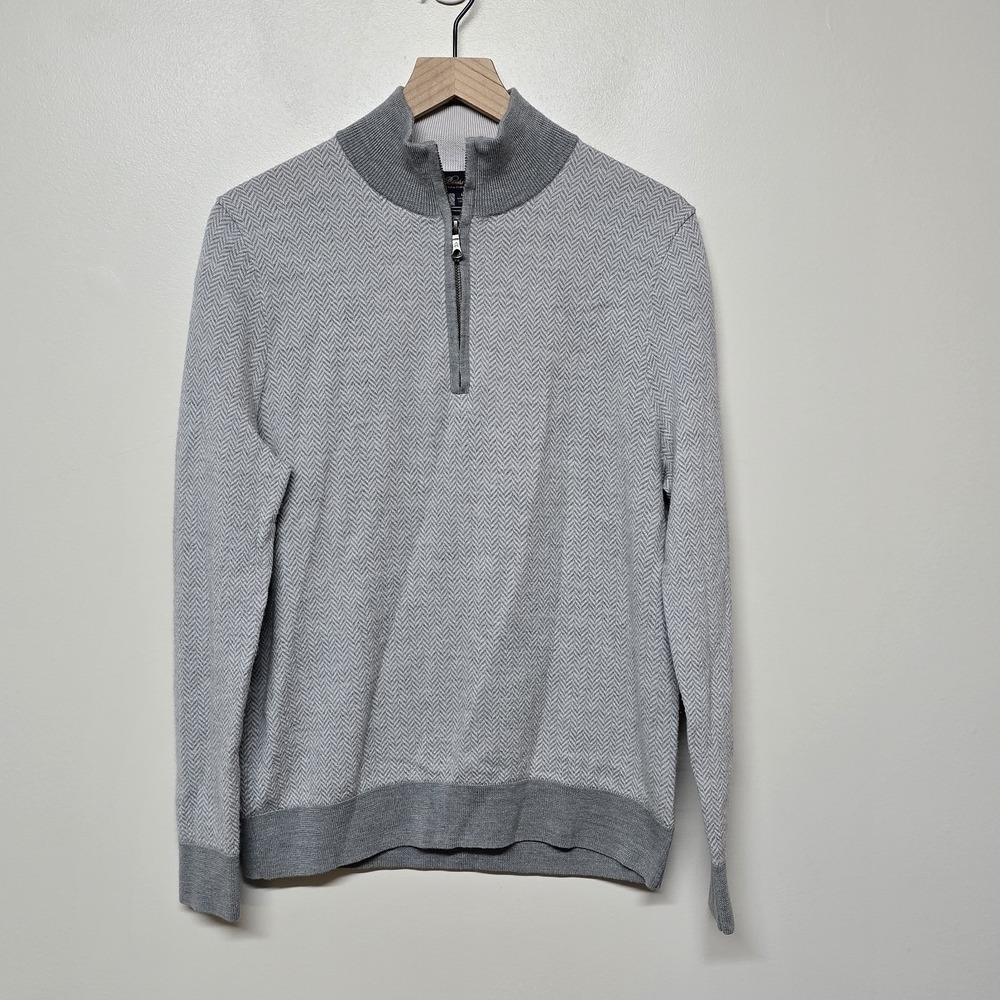 Brooks Brothers Sweater Mens Medium M Gray Extra Fine Merino Herringbone 1/4 Zip